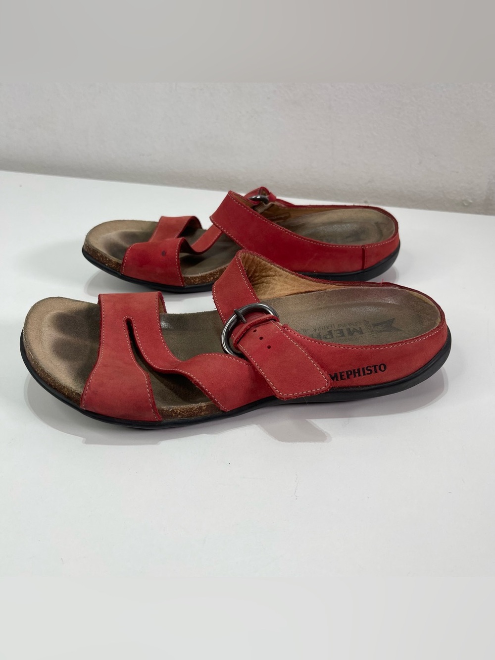 Mephisto Red Leather Buckle Slide Cork Sandals Women 6.5 EU 37 Casual Comfort